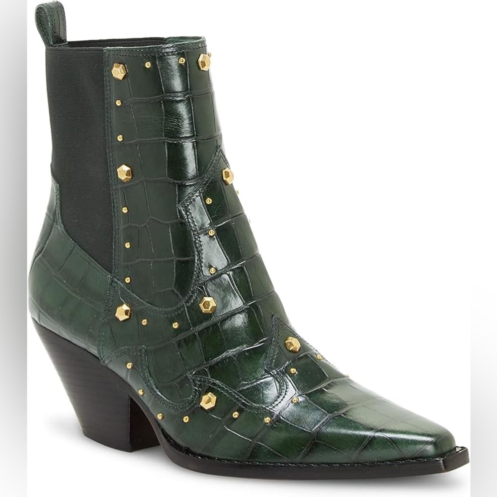NWOB Vince Camuto Norley Western Ankle Boot Green Croc Embossed Gold Studs 6